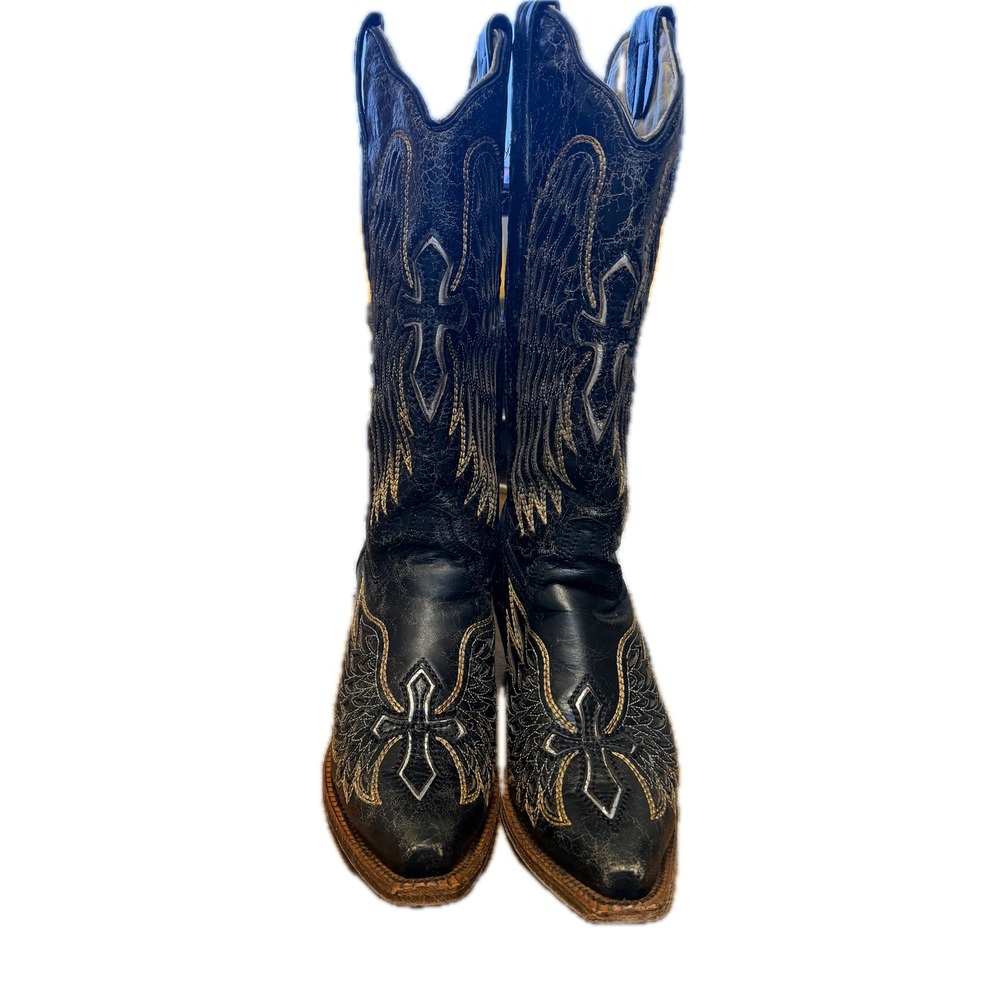 CORRAL Vintage Wing & Cross Western Boots Women 8.5 Black Distressed Inlay - Picture 4 of 11